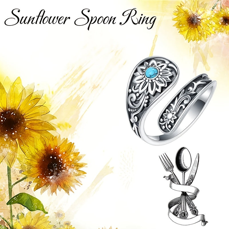 925 Sterling Silver Sunflower Carving Spoon Ring