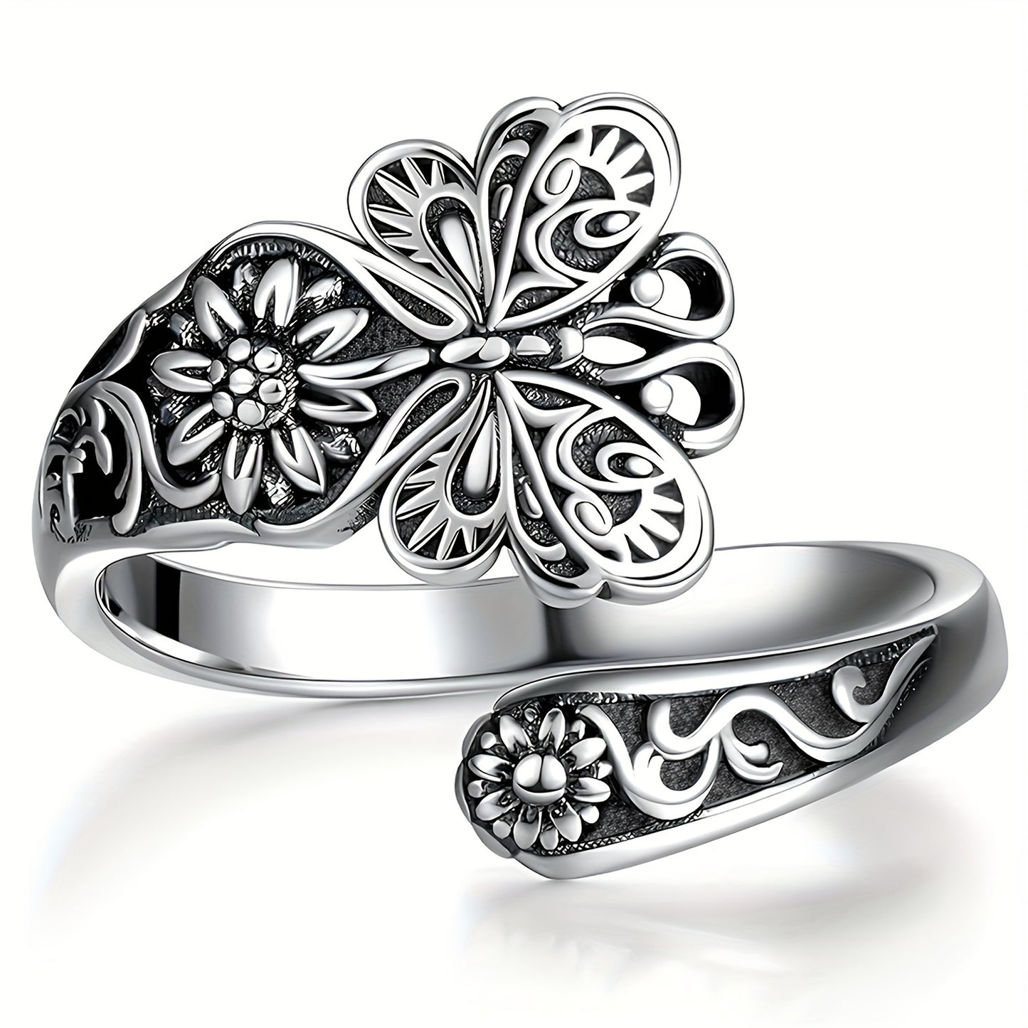 925 Sterling Silver Retro Butterfly & Flower Carving Spoon Ring