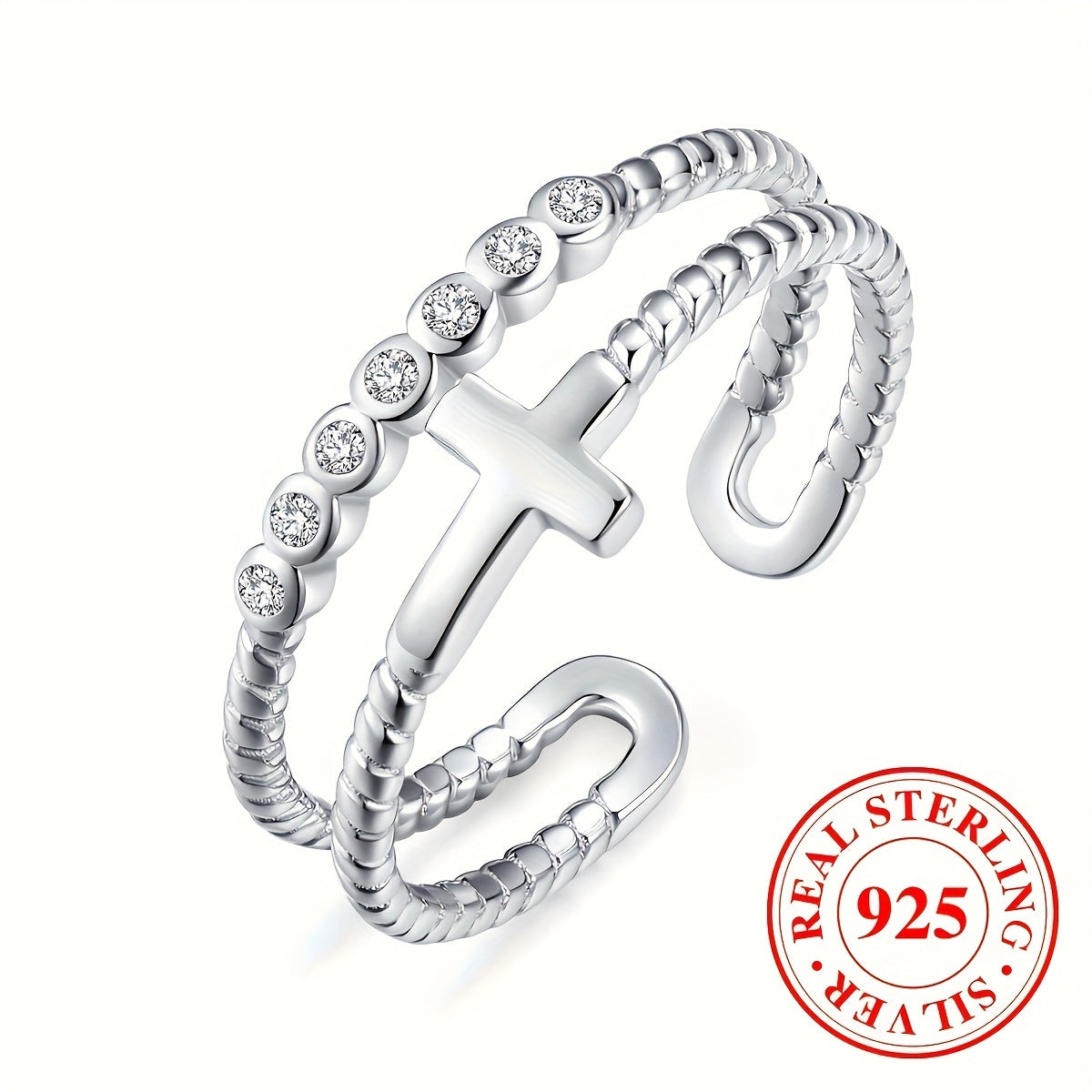 925 Sterling Silver Double Layer Cross Pattern Cuff Ring